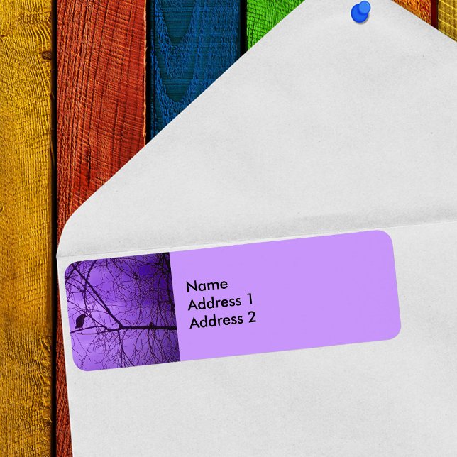 Black Crow Purple Sky (Silhouette of black crow in barren trees in purple sky return address labels.)