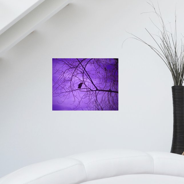 Black Crow Purple Sky Poster (Single black crow silhouette in black tree branches against purple hazy sky on wall art poster.)
