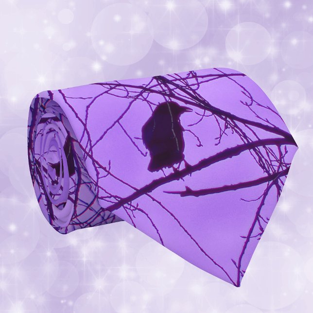 Black Crow Purple Sky Tie (Silhouette of single black crow on black spooky branches against a hazy purple sky on neck tie.)