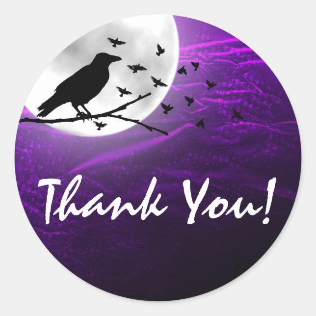 Black Crow Raven Silhouette on Moon Goth Thank You Classic Round Sticker (Front)