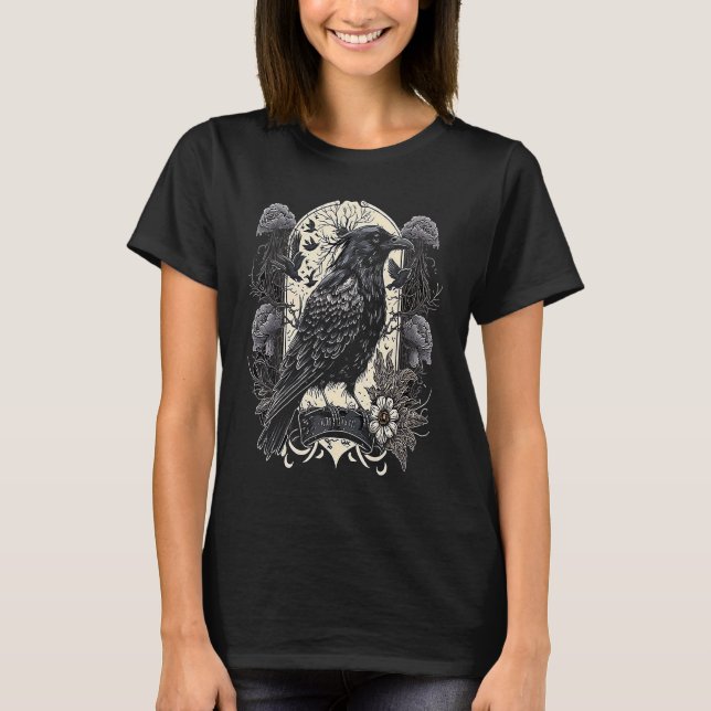 Black Crow Raven Skull Viking Norse Occult Gothic T-Shirt (Front)