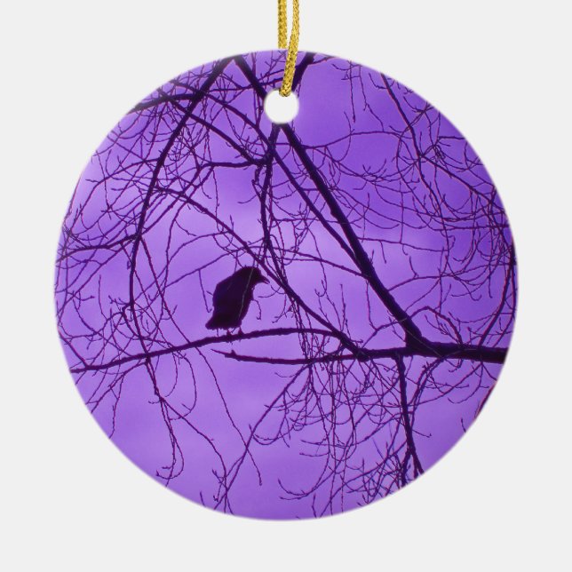 Black Crow Silhouette in Barren Branches Purple Ceramic Ornament (Front)
