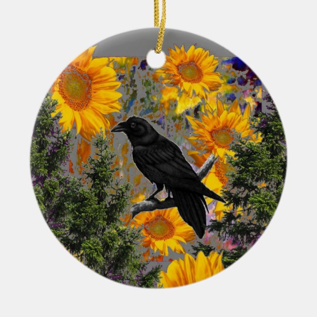 black crow & sunflowers art ceramic ornament (Front)
