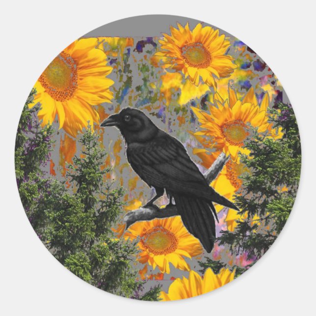 black crow & sunflowers art classic round sticker (Front)