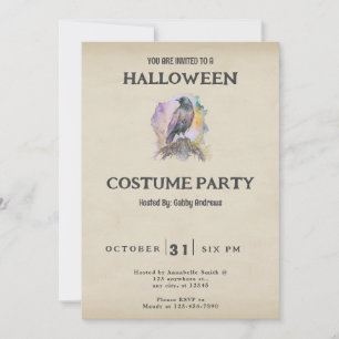 Black Crow with Pastel Accents Vintage Halloween Invitation