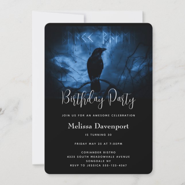 Black Crow with Runes Dark Goth Style Birthday Invitation (Front)