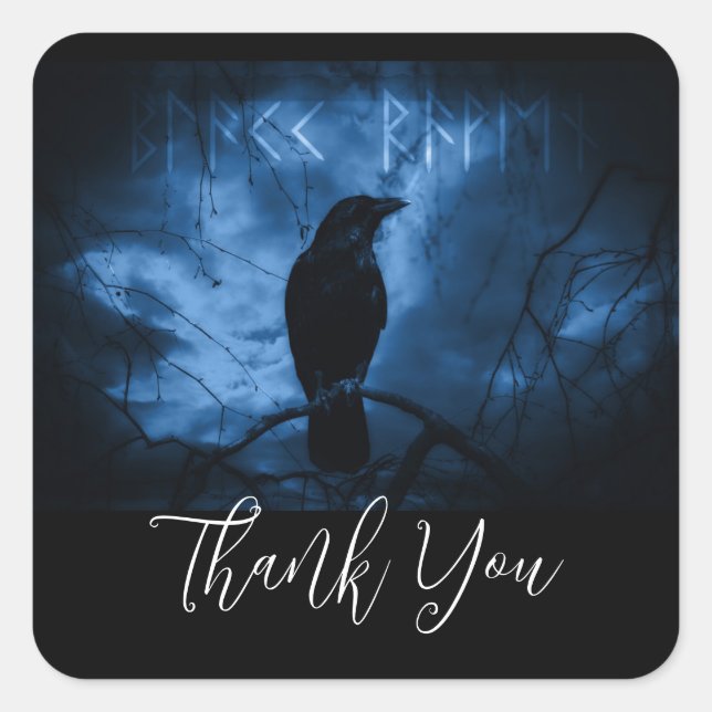 Black Crow with Runes Dark Goth Style Thank You Square Sticker (Front)