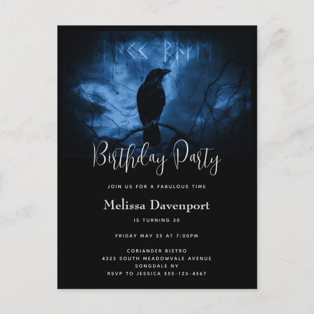 Black Crow with Runes Goth Birthday Invitation Postcard (Front)