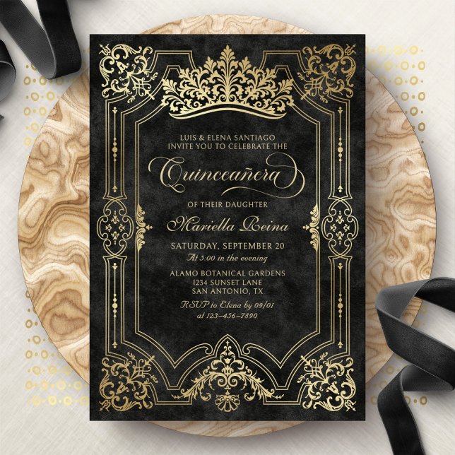 Black Crown Tiara Elegant Quinceanera Invitation (Creator Uploaded)