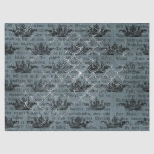 Black Crowns and Writing on Blue Decoupage Tissue Paper