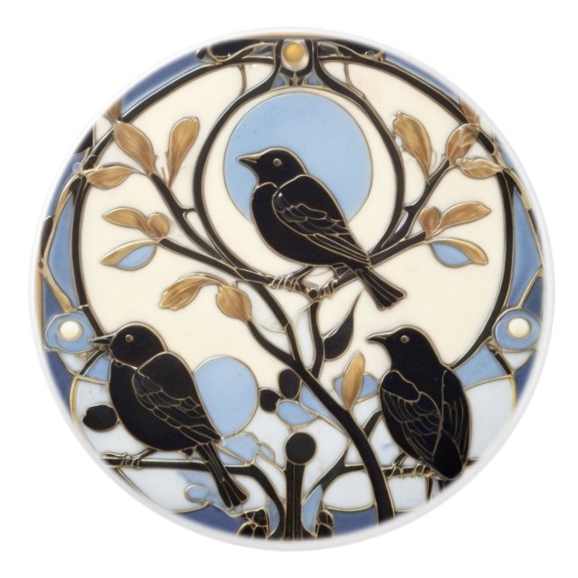 Black Crows Art Nouveau Birds Art Deco Bird Ceramic Knob (Front)