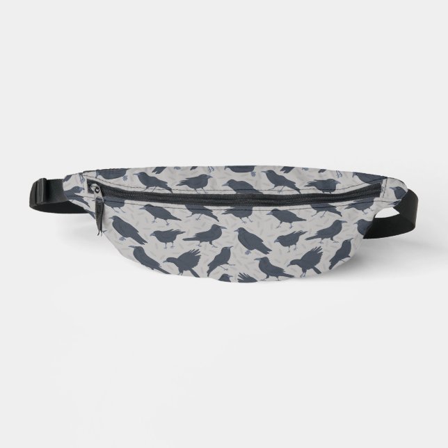 Black Crows Birds Grey Patterned Fanny Pack (Front)