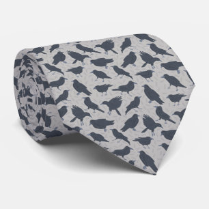 Black Crows Birds Grey Patterned Tie