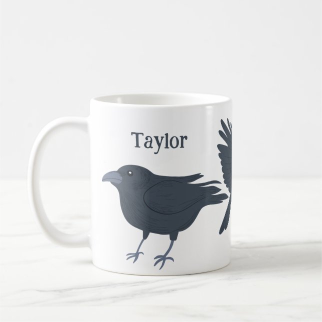 Black Crows Birds Illustrations Personalized Coffee Mug (Left)