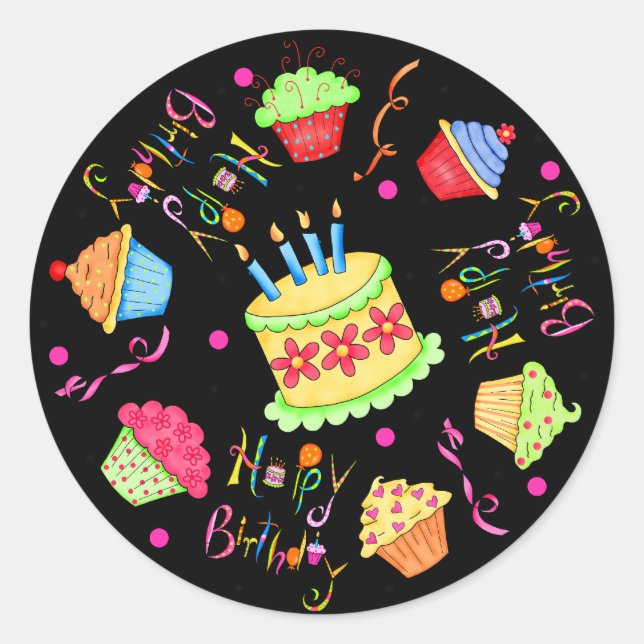 Black Cupcakes and Cake Happy Birthday Classic Round Sticker (Front)
