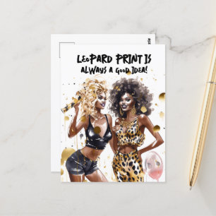Black curly girls leopard print watercolor party postcard