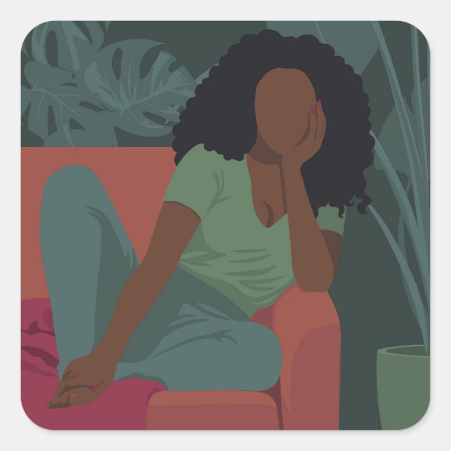 Black curly woman with viridian green plants square sticker (Front)