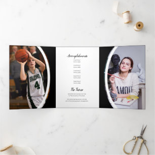 Black Curved Frame Three Photo Graduation Tri-Fold Invitation