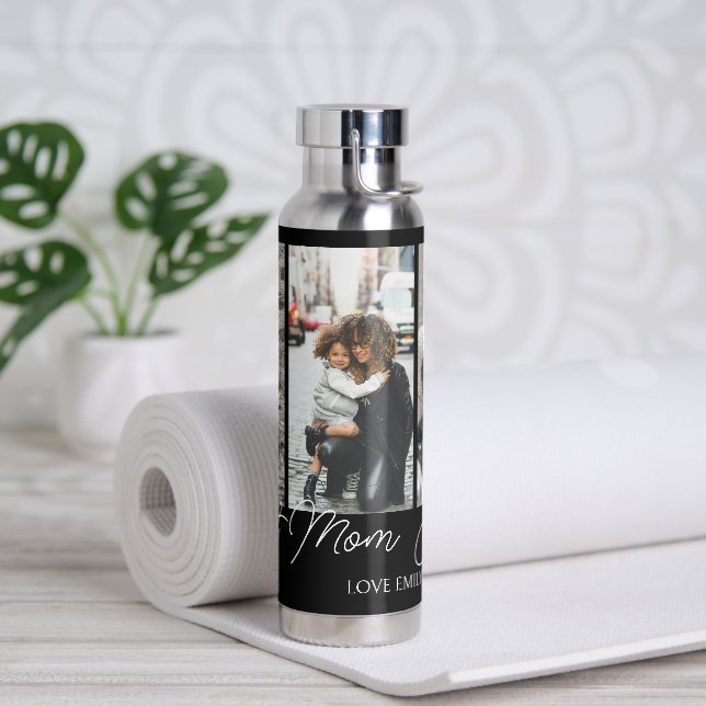 Black Custom 3 Photos Collage Best Mom Ever Water Bottle (Yoga)