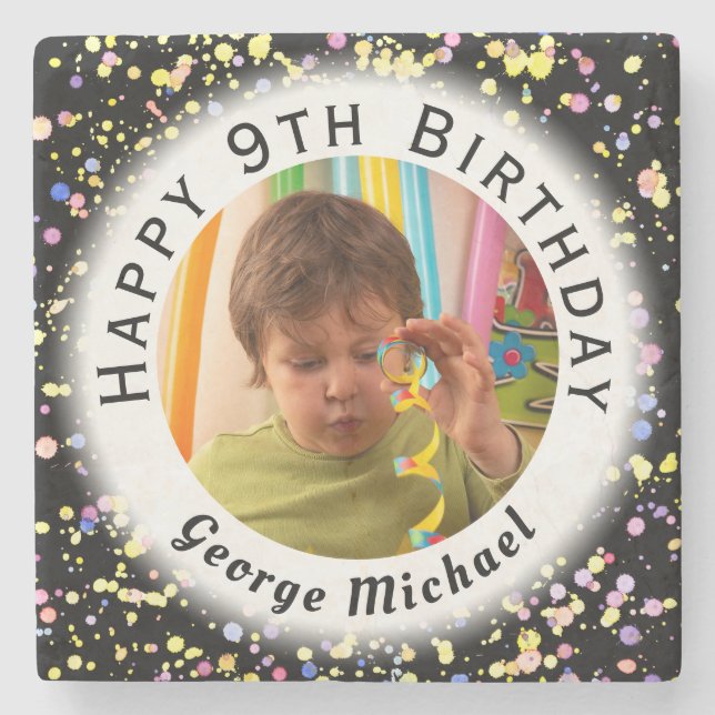 Black Custom Birthday Photo Watercolor Confetti Stone Coaster (Front)