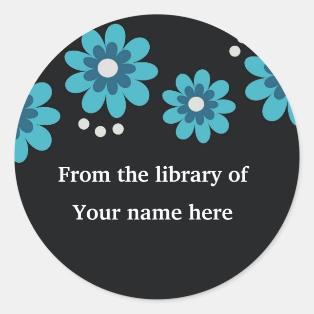 Black Custom Bookplates - Blue Flowers Classic Round Sticker (Front)