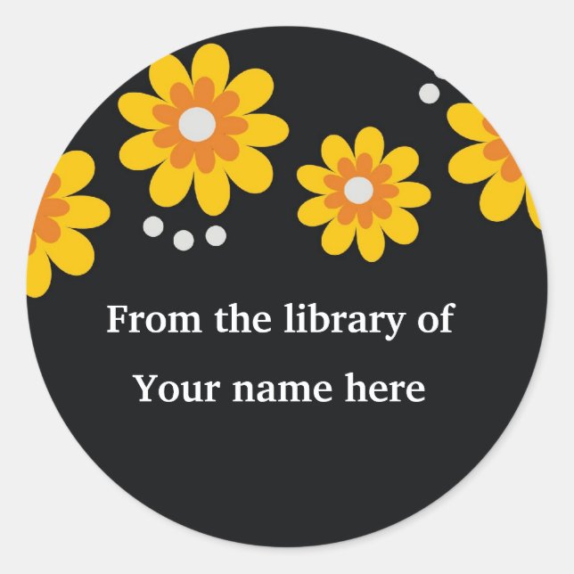 Black Custom Bookplates - Yellow Flowers Classic Round Sticker (Front)