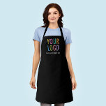 Black Custom Business Apron with Logo Personalized<br><div class="desc">Personalize this all-over-print apron with your own company logo or picture and custom text. The text can be a name, business tagline, website address, social media handle, or other personalized text to express yourself. You can easily customize the front and straps with your own colour choice. Available in large, medium,...</div>