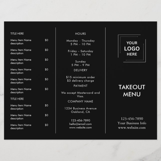 Black Custom Business Logo Restaurant Takeout Menu (Front)