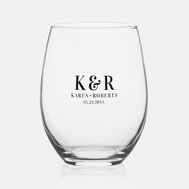 Black Custom Initials Wedding Couple Stemless Wine Glass (Front)