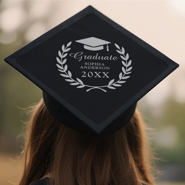 Black Custom Laurel Wreath Grad Name & Year Emblem Graduation Cap Topper (Creator Uploaded)