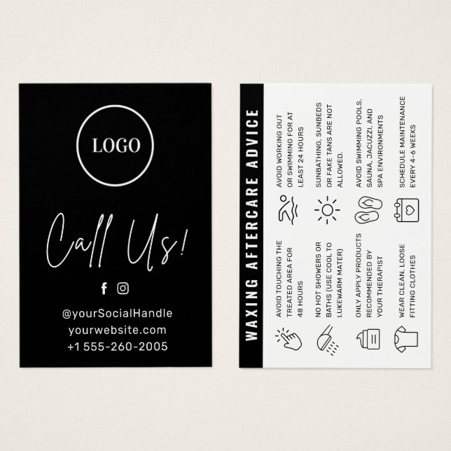 Black Custom Logo Modern Waxing Aftercare Card (Front & Back)