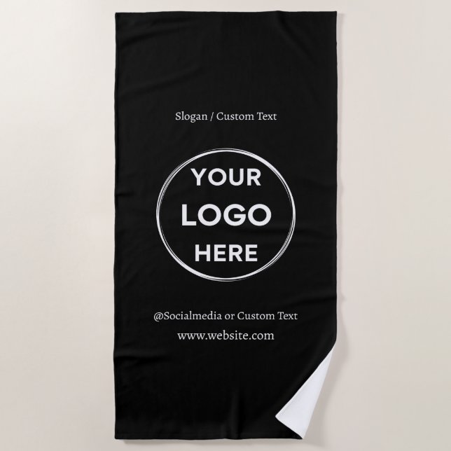 Black Custom Logo Text Modern Minimalist Business Beach Towel (Front)