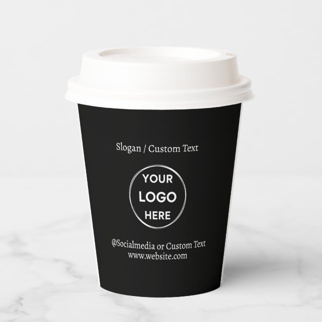 Black Custom Logo Text Modern Minimalist Business Paper Cups (Front)