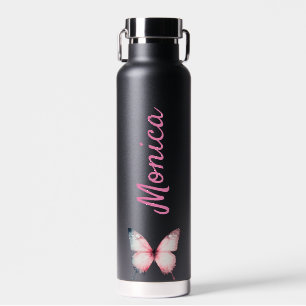 Black custom name butterfly birthday gift water bottle