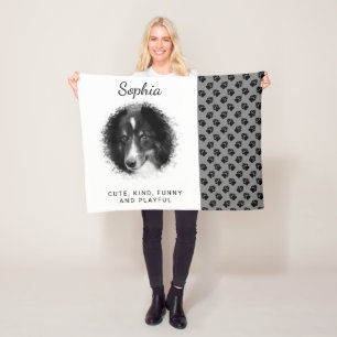 Black Custom Pet Photo Template & Paws And Text Fleece Blanket