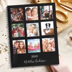 Black Custom photo collage monogram modern 2024 Notebook