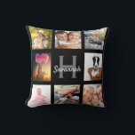 Black custom photo collage monogram name throw pillow<br><div class="desc">A unique gift for a birthday, Christmas, mother's day, celebrating her life with a collage of 8 of your own photos, pictures. Personalize and add her name and monogram letter. A stylish black background. The name is written with a modern hand lettered style script. Can also be used great treat...</div>