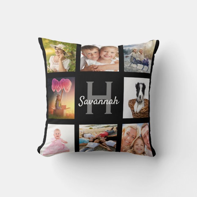 Black custom photo collage monogram name throw pillow (Front)