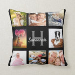 Black custom photo collage monogram name throw pillow<br><div class="desc">A unique gift for a birthday, Christmas, mother's day, celebrating her life with a collage of 8 of your own photos, pictures. Personalize and add her name and monogram letter. A stylish black background. The name is written with a modern hand lettered style script. Can also be used great treat...</div>