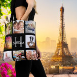 Black custom photo collage monogram name tote bag<br><div class="desc">A unique gift for a birthday, Christmas, mother's day, celebrating her life with a collage of 8 of your own photos, pictures. Personalize and add her name and monogram letter. A stylish black background. The name is written with a modern hand lettered style script. Can also be used great treat...</div>