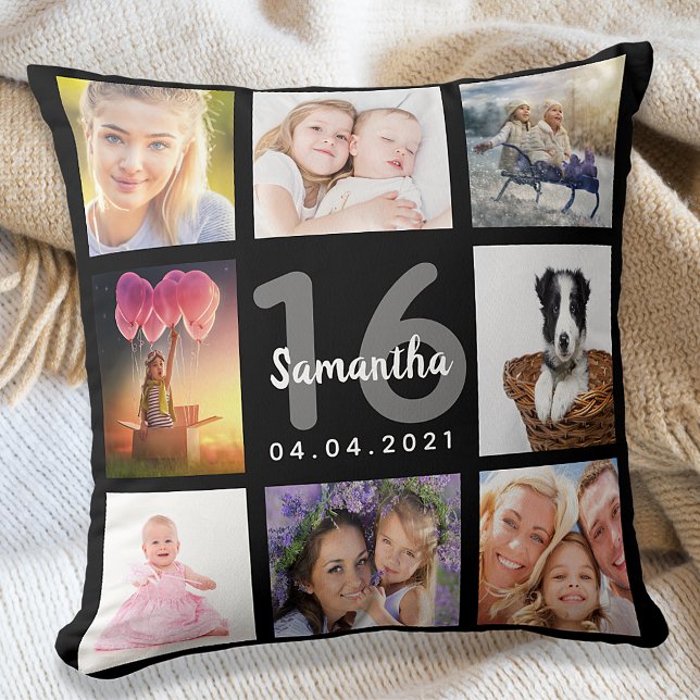 Black custom photo collage Sweet 16 Throw Pillow (Creator Uploaded)