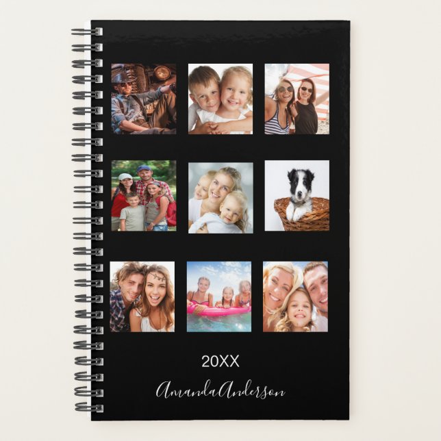 Black custom photo family collage name script planner (Front)