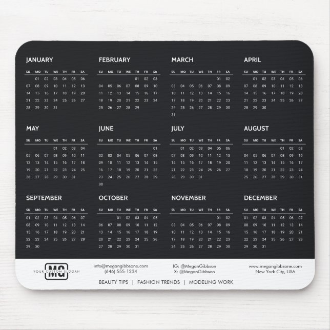 Black Customizable 2024 Calendar Initials Monogram Mouse Pad (Front)