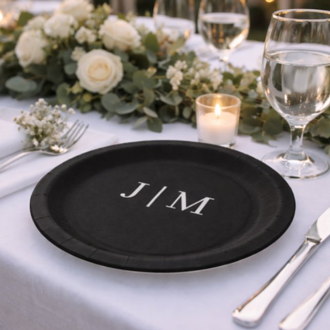 Black Customizable Monogram Wedding Paper Plates (Creator Uploaded)
