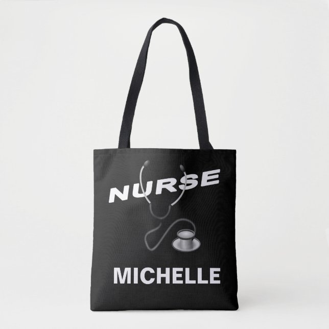 BLACK Customizable Name Nurse Tote Bag (Front)