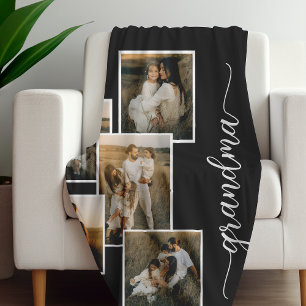 Black Customized Grandma Grandkid 5 Photo Collage Fleece Blanket