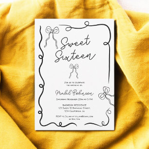 Black cute bows ribbons illustrations Sweet 16 Invitation