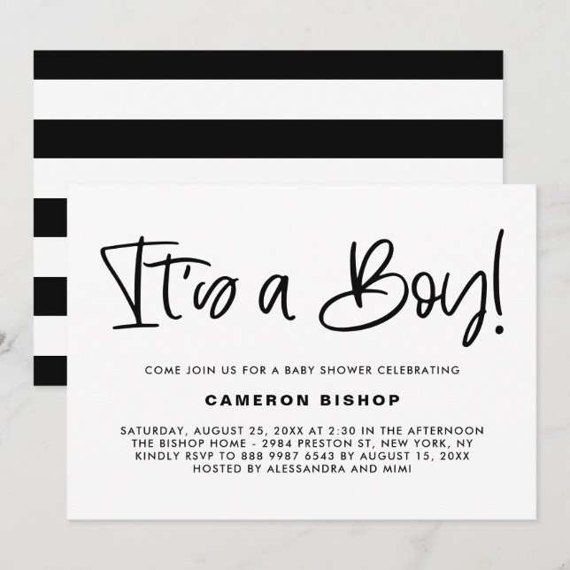 Black Cute Calligraphy It's a Boy Baby Shower Invitation (Front/Back)