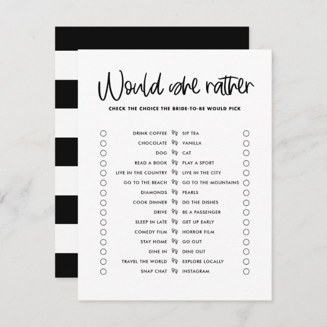Black Cute Calligraphy Would She Rather Game Invitation (Front/Back)