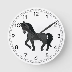 Black Cute Cartoon Trotting Horse Illustration Round Clock